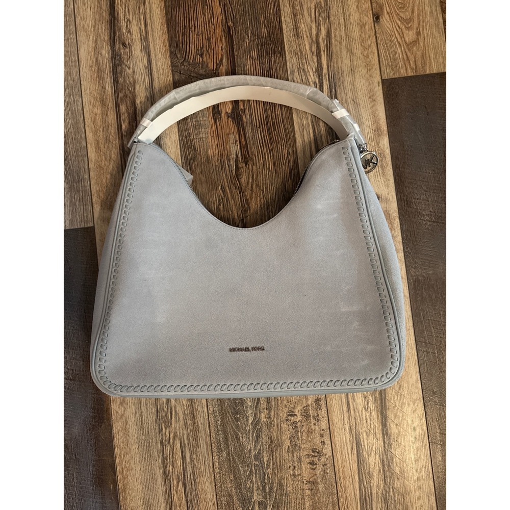 Michael Kors Nayla Medium Hobo Bag Pale Ocean Blue Suede Leather Whipstitch NEW - Picture 2 of 5